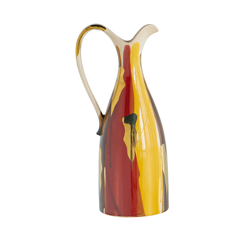 Ceramic Pitcher Vase with Abstract Multicoloured Finish, Yellow/Red, 16.3'' H X 6.1'' W X 7.1'' D