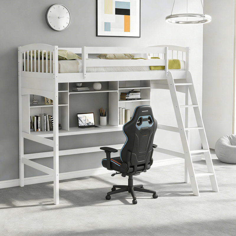 Loft Bed With Built In Desk And Storage Shelves, Twin Size, White