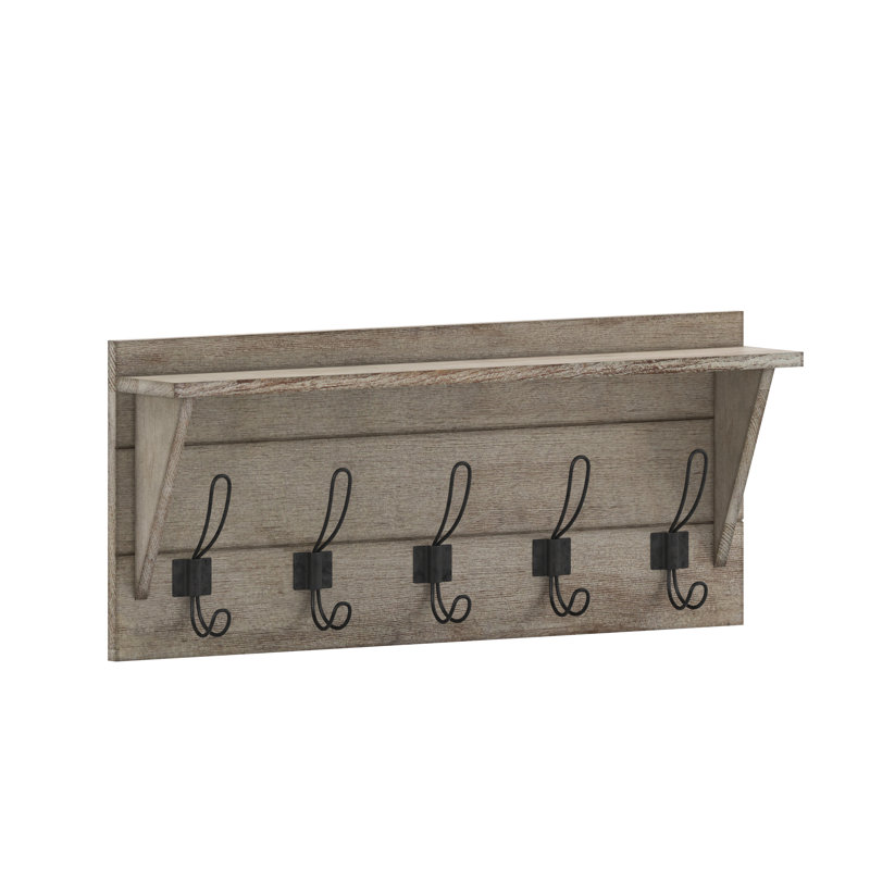 Nariaki Wall Mounted Solid Pine Wood Storage Rack with Upper Shelf and 5 Hanging Hooks, Weathered Brown