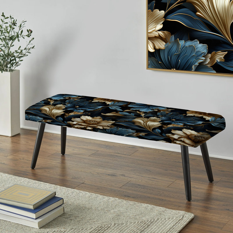 Dark Blue And Golden Techno Damask Realm - Damask Upholstered Black Bench