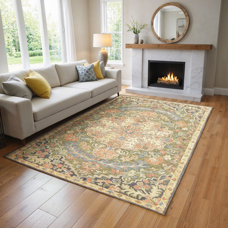 Eitelfritz Oriental Hand Hooked Wool Red/Green/Blue Area Rug, Rectangle 3'6" x 5'6"