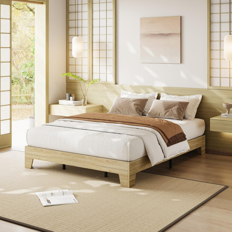 Base de lit plateforme en bois, lit minimaliste avec support en lattes de bois, espace de rangement sous le lit, Grand lit