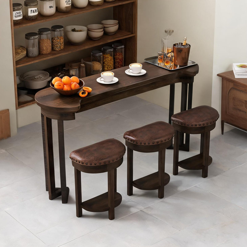 Ensemble de table de bar à hauteur de comptoir 3 personnes avec tabourets rembourrés, structure en bois massif brun riche, conception compacte peu encombrante pour la cuisine, le salon et la salle à manger