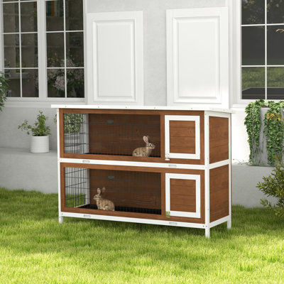 Grande maison pour animaux de compagnie en bois de 54 po à 2 étages avec portes verrouillables, plateau sans fuite et toit imperméable pour l'extérieur / l'intérieur, cage brune, petits animaux et plateau sans fuite