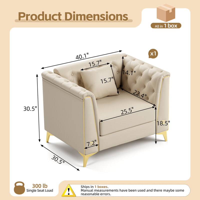 Canapé 1 place avec 1 coussin, Beige Faux Leather