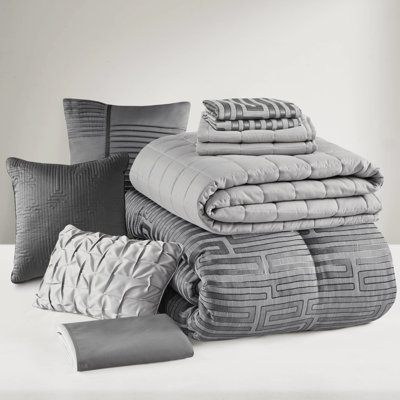 10 Pcs Grey Queen Luxury Comforter - All Season Comfortable With Design, Metallic Thread Pattern, Bed Skirt And Decorative Pillows Piece In Geometric , Use, Quilt