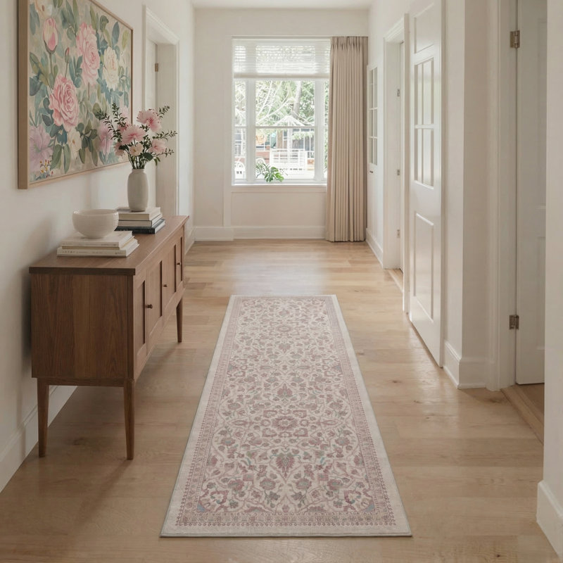 Aura Vintage Floral Machine Washable Pink Indoor Area Rug with Non-Slip Backing, Runner 2' x 7'