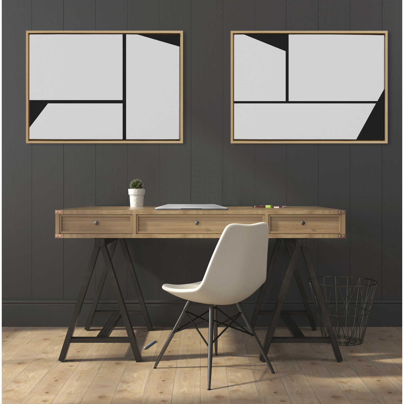 Bauhaus Sleek Abstract Painting, Natural Frame, 33" W x 23" H