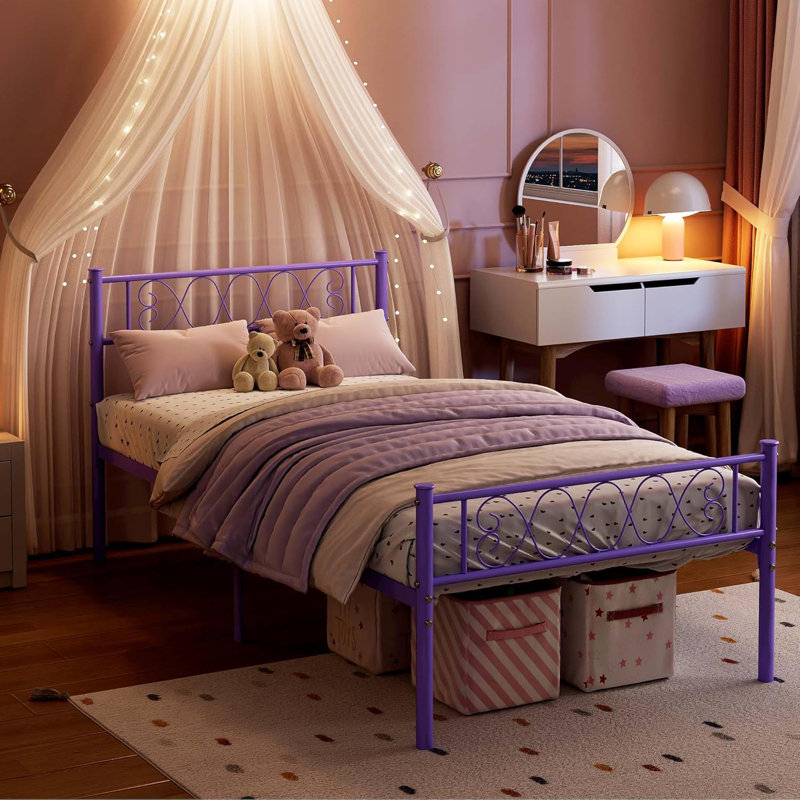 Modern Metal Platform Bed Frame with Headboard & Footboard, Mauve, Lit simple