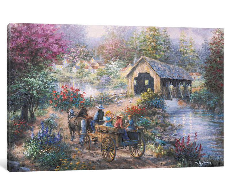 «Merriment at Covered Bridge» par Nicky Boehme - impression d'art graphique sur toile, H 26 po x l 40 po x P 1,5 po