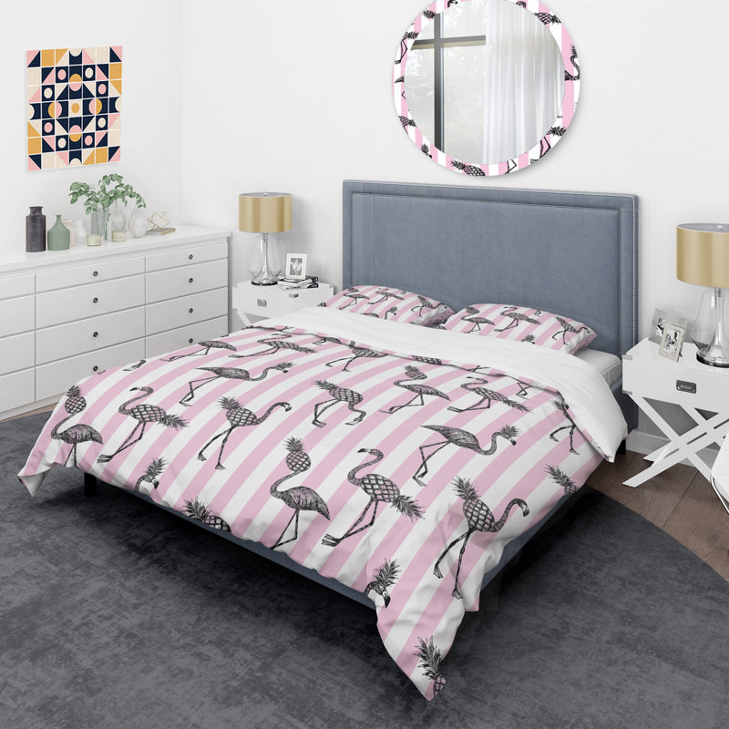 Pink and White Flamingo Twin Duvet Cover Set with Sham