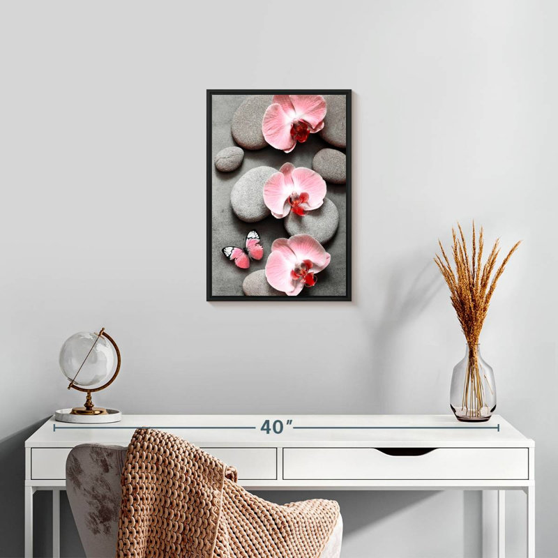 Zen orchidées roses et papillons, 13 po x 19 po, Cadre flottant noir