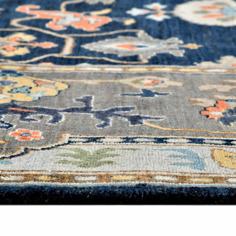 Hand-Knotted Blue and Gray Wool 9' x 12' Area Rug