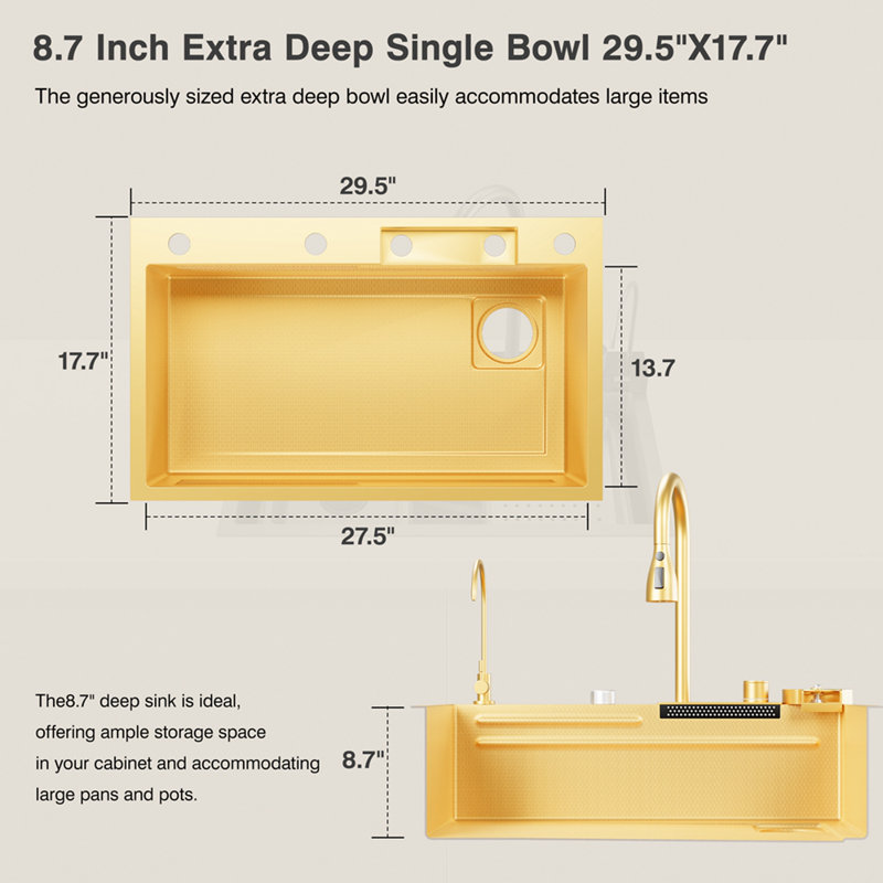 29.5*17.7" Nano Kitchen Sink 304 Stainless Steel Waterfall Sink Single Bowl Workstation Kitchen Sink With Multifunctional Top Loading Flying Rain pull-out Faucet