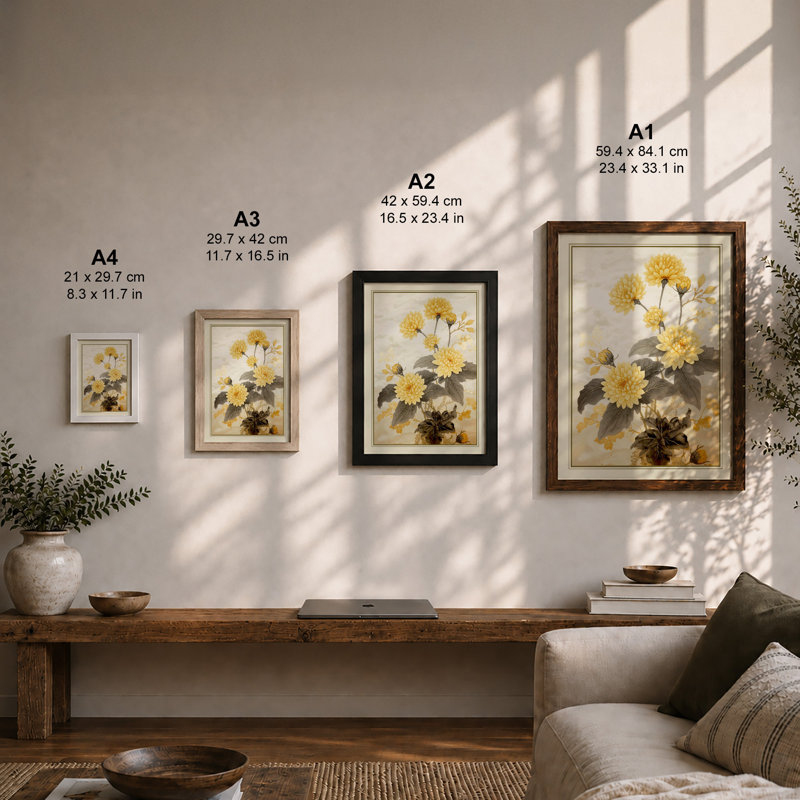 Chrysanthemum Study Botanical - Framed Print, A2 - 59.4 x 42.0 cm, Walnut