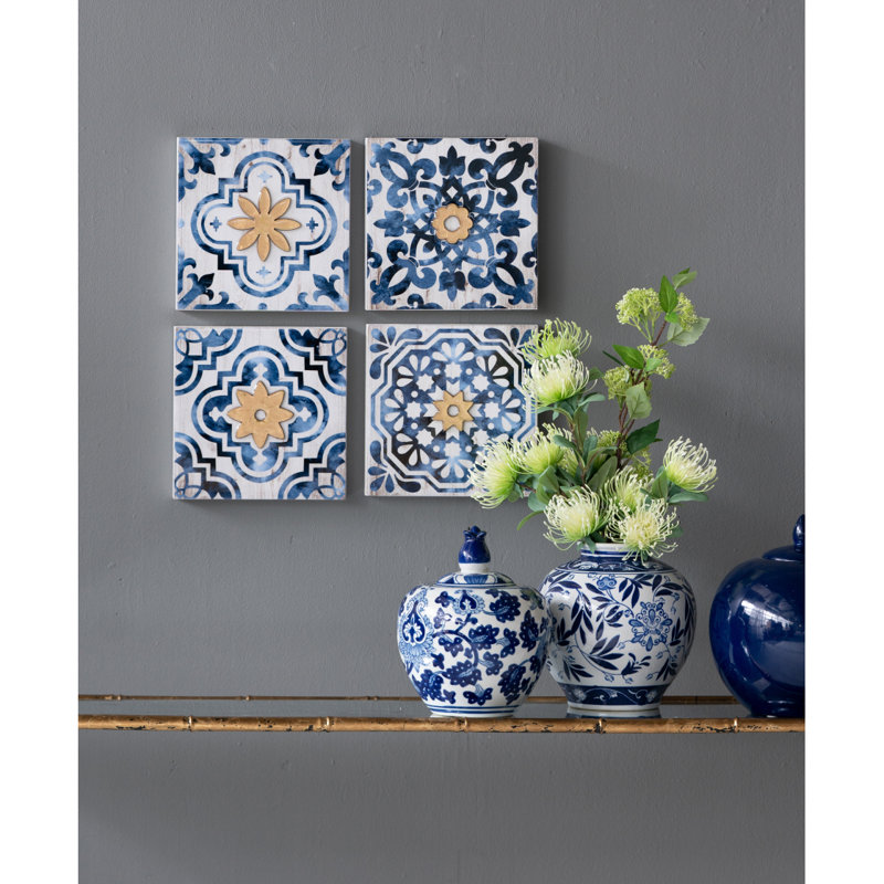 Décoration murale abstraite bleue, blanche et dorée S / 4, 9,5 po x 9,5 po