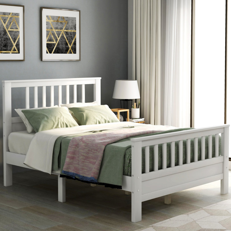 Lit plateforme en bois avec tête et pied de lit, Blanc, Double