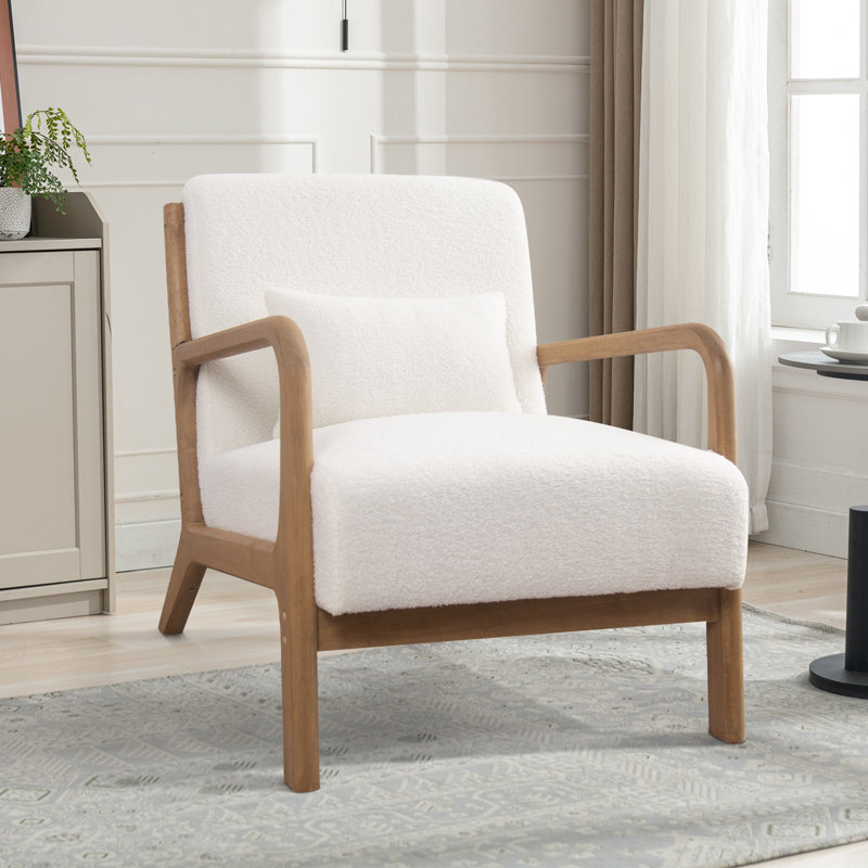 Hertford 26" Wide Mid Century Upholstered Solid Wood Accent Chair with an Extra Pillow, White