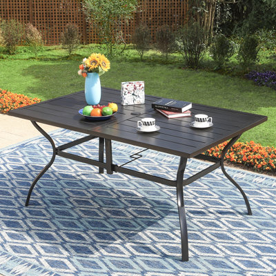 Birmadevi Powder-coated Metal Frame Black Rectangular Outdoor Patio Dining Table with Umbrella Hole