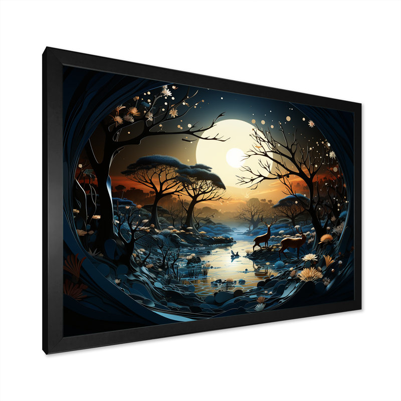 «Dreamy Moonlit Jungle I», art mural abstrait, H 12 po x l 20 po x P 1 po, Cadre d'angle fermé noir