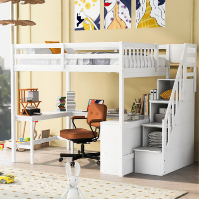 White Full Size Loft Bed With Built-In L-Shaped Desk, Storage And Staircase - Modern Bedroom Furniture In Integrated Shelves Living