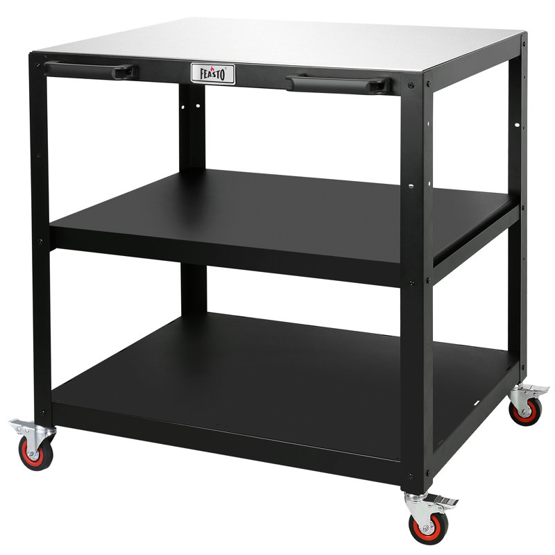 Îlot de cuisine extérieur de 35 po avec plateau en acier inoxydable FEASTO - Chariot de préparation de barbecue mobile à 3 niveaux et support à pizza