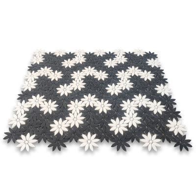 Nero Marquina Black Thassos White Marble Daisy Field Flower Waterjet Mosaic Tile Honed