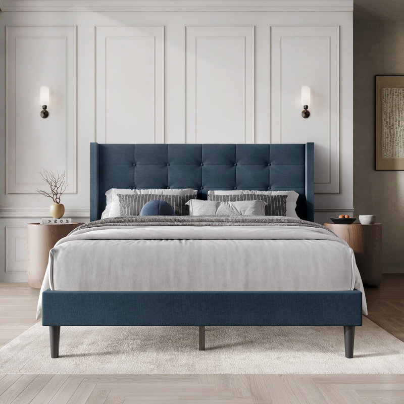 Glam Wingback Platform Bed, Blue, King