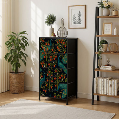 4 Drawer Vertical Storage Dresser Peacocks trees flowers kumquat fruits exotic plants with Wood Top Fabric Pull Drawers