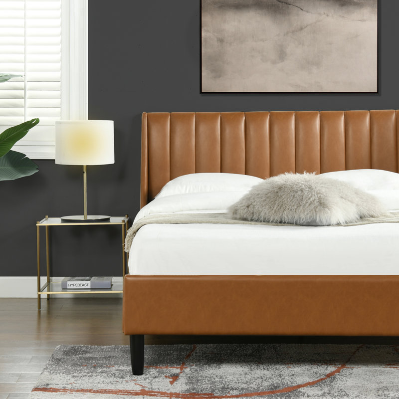 Helaina Upholstered Wingback Bed, Queen, Caramel Tan Brown Faux Leather