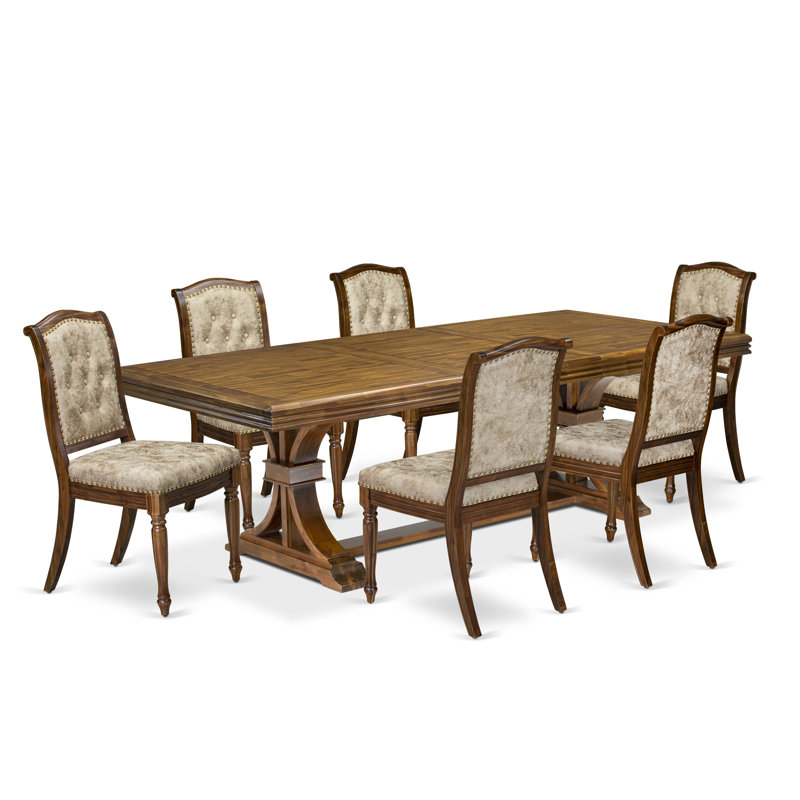 L'ensemble de salle à manger 7 pièces comprend une table de salle à manger rectangulaire et 6 chaises de cuisine en cuir PU beige clair, finition noyer antique