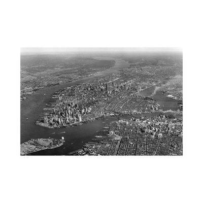 1950s Aerial View Of Manhattan Island On Left Is Hudson River by Vintage Images - Wrapped Canvas Print