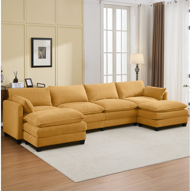133" Corduroy 4-Seater Sectional Sofa With 2 Movable Ottomans, Modular Design, Yellow Corduroy