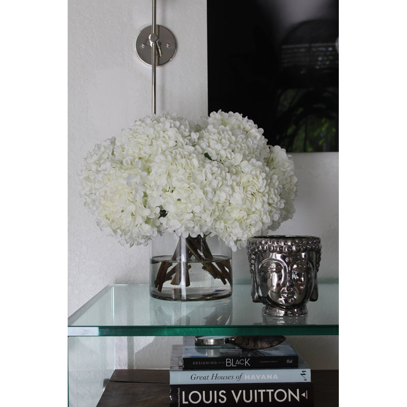 White Hydrangeas In Clear Glass Cylinder Vase, White, 16" H x 18" W x 18" D