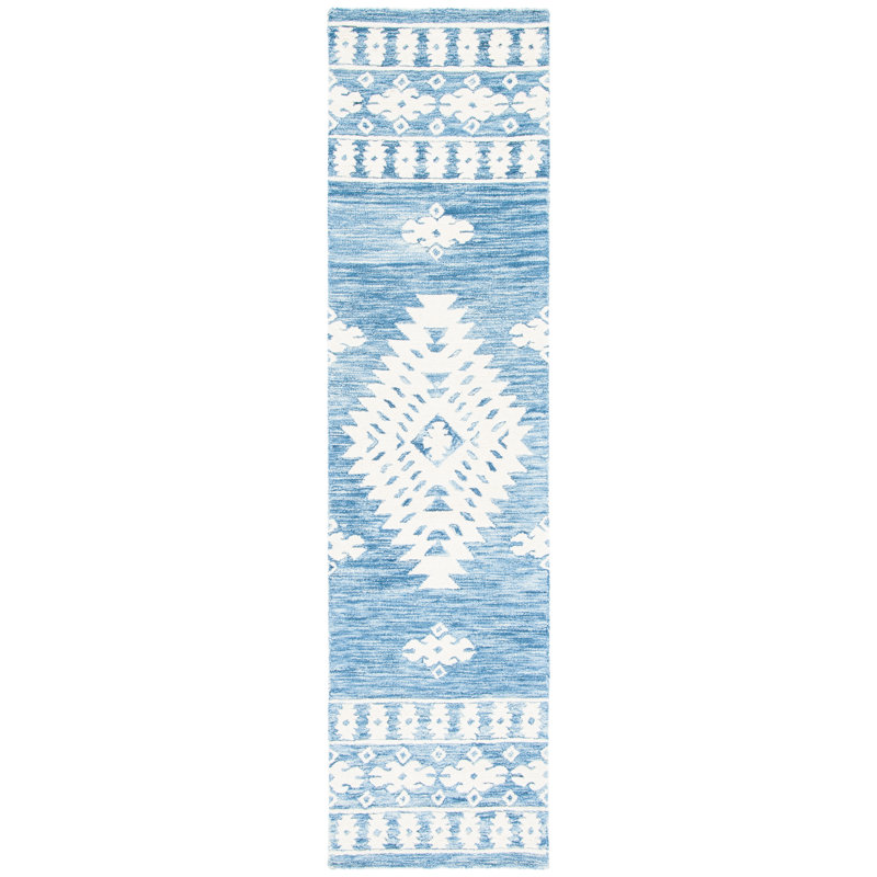 Hand Tufted Wool/Cotton Southwestern Rug in Blue, Runner 2'3" x 9'