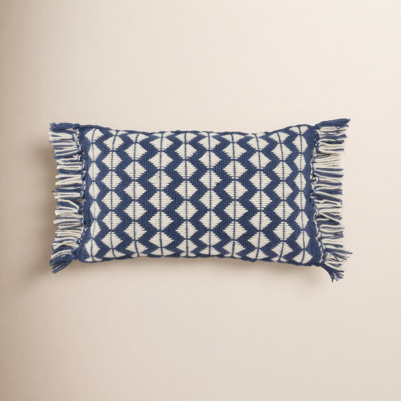 Senda Fringed Outdoor Throw Pillow, Dark Blue/Ivory, Pillow Cover Only - No Insert