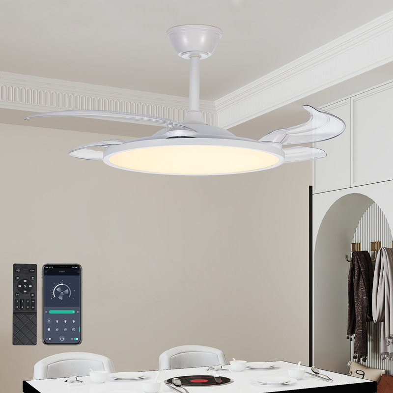 42 Inch Retractable Ceiling Fan,Low Profile Ceiling Fan With Light And Remote,Modern Fan With Retractable Blades For Dinning Room Living Room Bedroom,Dimmable,Timer Setting
