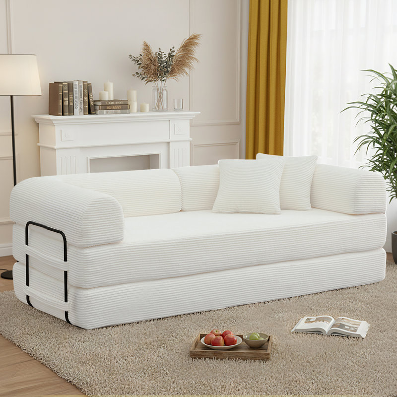 78" Compression Corduroy Sleeper Sofa, Convertible Upholstered Couch with 2 Pillows, No Assembly Required, White