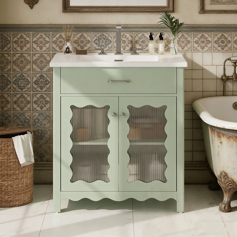 Meuble-lavabo de salle de bain avec lavabo, pieds en bois et portes à fermeture douce, Vert