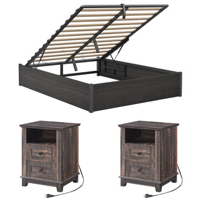 Ensemble de chambre à coucher de ferme 3 pièces avec cadre de lit de rangement grand format et 2 tables de chevet, noir