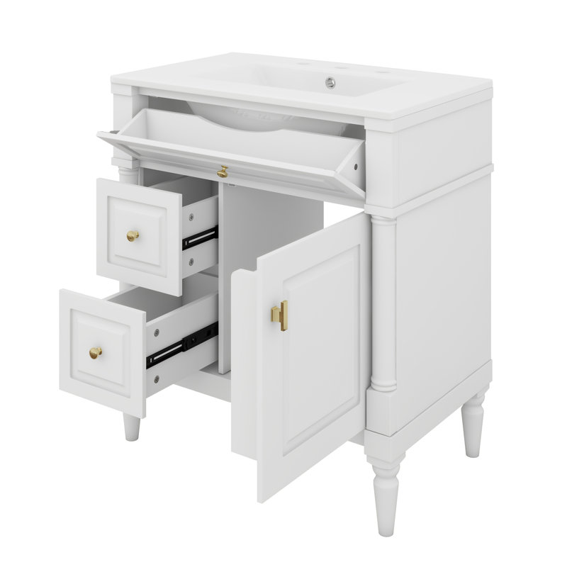Meuble-lavabo de 30 po avec lavabo, tiroir basculant, portes et support de rangement, meuble-lavabo simple avec tiroirs et tablette réglable