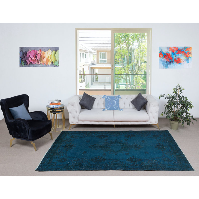 Tapis turc en laine fait à la main bleu marine 5,7 x 9 pi pour intérieurs modernes