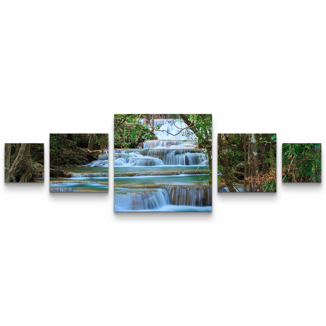 5-tlg. Leinwandbilder-Set Traumhafter Wasserfall im Wald - Thailand