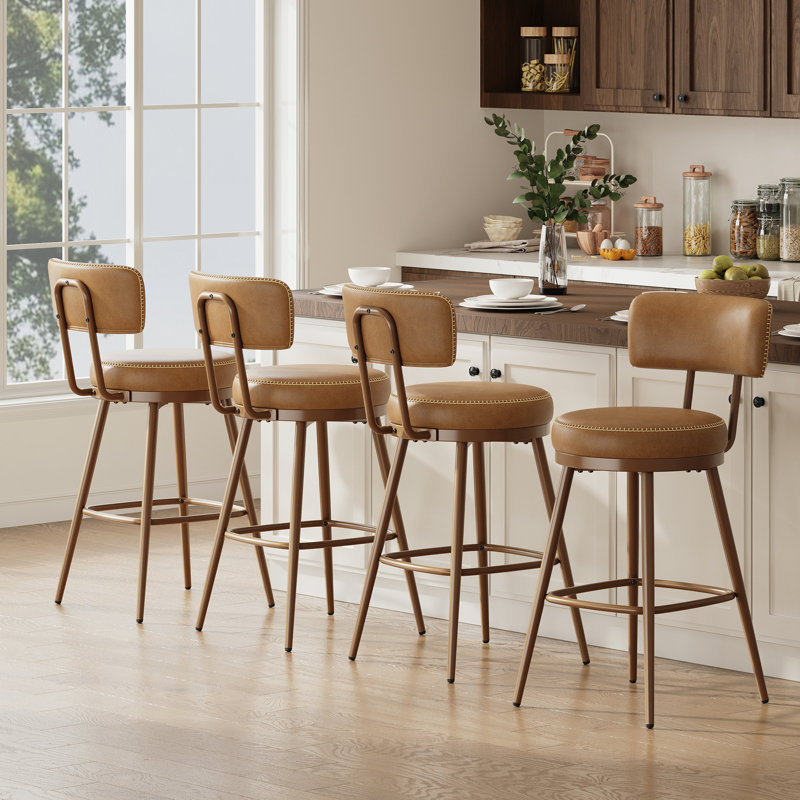 Swivel Upholstered and Steel Counter Stool with Solid Wood Frame, Brun