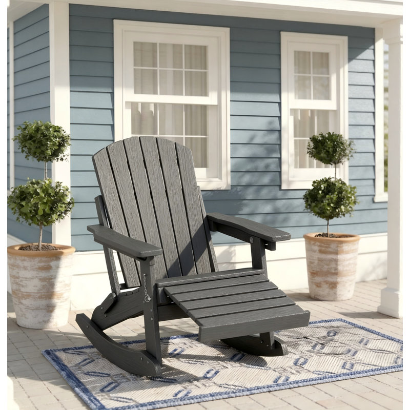  HDPE Outdoor Folding Adirondack Rocking Chair With Retractable Ottoman, Gray