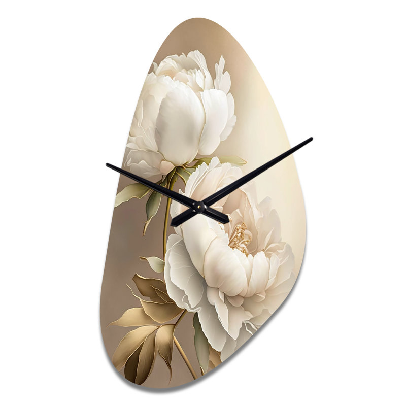 Pivoine fleur II - pivoines de forme irrégulière, horloge métallique blanche, Grand