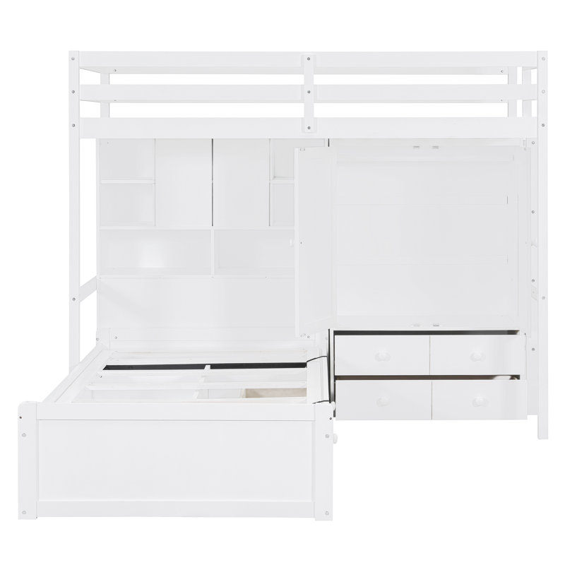 Lit superposé simple avec tiroirs, garde-robe, tablettes de rangement et lit hydraulique, blanc, Blanc