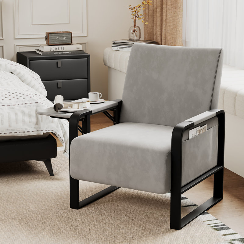Whole Metal Frame Upholstered Accent Chair With Side Tray Table, Gray Faux Leather