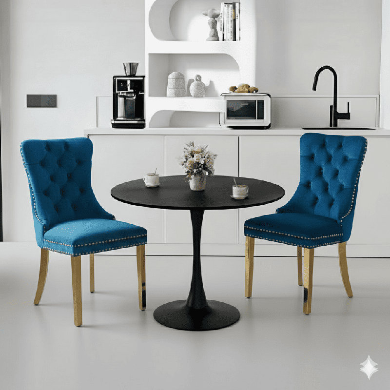 Ensemble de table de salle à manger rond avec 2 chaises, Noir, noir, noir, noir, Bleu / doré