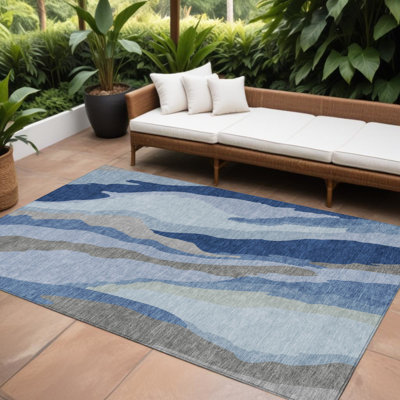 9' X 12' Blue Abstract Washable Indoor Outdoor Area Rug